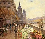 Georges Stein Canvas Paintings - A Flower Market Along the Seine